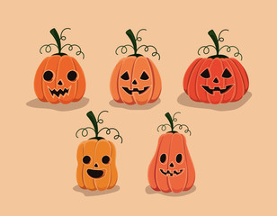 Halloween pumpkins cartoon set design, Holiday and scary theme Vector illustration