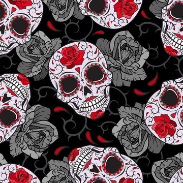 Gothic skulls, roses and thorns. Seamless pattern.