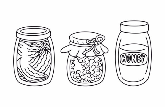 Set of outline glass jar of jam, honey and pickles. Natural food, homemade preserve product for pantry/supply cellar. Hand drawn cartoon design elements isolated. Line art, doodle, coloring book page