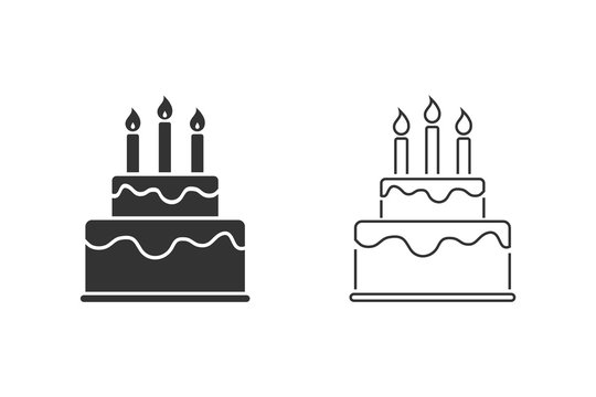 Happy Birthday and Cake Line Icon Set. Vector