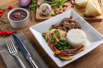 Minced beef tenderloin. Traditional Brazilian food (Picadinho). Selective focus