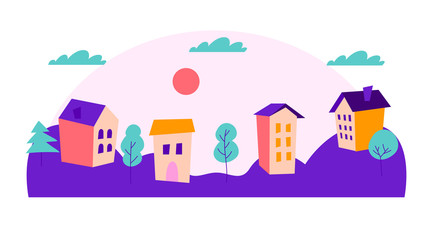Vector colorfull cityscape at evening with houses and hills