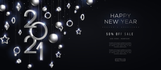 Christmas and New Year banner with hanging silver 3d baubles and 2021 numbers on black background. Vector illustration. Winter holiday geometric decorations.