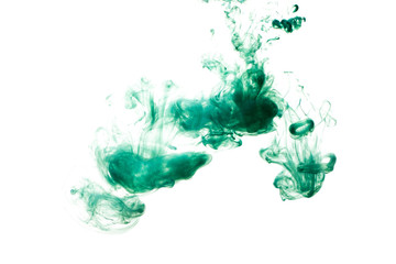 A cloud of green paint released into clear water. Isolate on a white background.