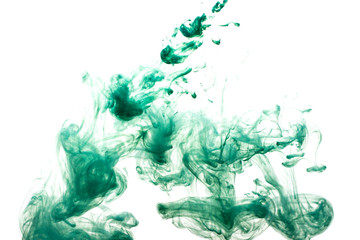 A cloud of green paint released into clear water. Isolate on a white background.