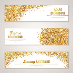 Banner Design with Gold Glitter Texture. Invitation Decorative Card Template, Gift Card, Voucher Design, Holiday Invitation. Glowing New Year or Christmas Backdrop. Certificate for Shopping.