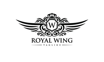 Classy Black Royal Wing Logo on White Background - Fancy Letter Crest Design - Elegant Vintage Initial Brand Icon - Luxury Wing and Crown Monogram - Heraldic King Vector Illustration
