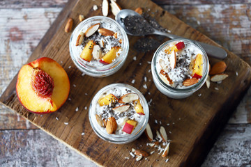 Chia yogurt with peach in a jar. Healthy breakfast. Keto breakfast.