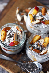 Chia yogurt with peach in a jar. Healthy breakfast. Keto breakfast.