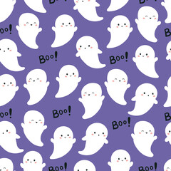 Halloween seamless pattern with cute ghosts and boo text. Vector cartoon characters on purple background.