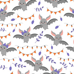 Childish seamless pattern with cartoon bats. Vector Halloween illustration. Garlands and flags for party.