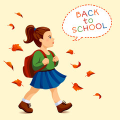 Girl go to school. Vector illustration of school girl going to school in the morning.
