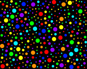 Colorful vector background. Seamless pattern for greeting card. Rainbow on black color. Bright dotted print for textiles. Color dots different sizes. Small and big confetti for new year party.