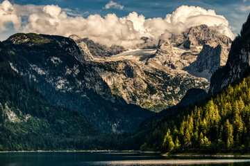 Gosausee mountain peaks view with clouds