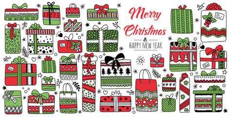 Merry Christmas greeting card red and green with modern gifts. Vector illustration.
