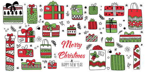 Merry Christmas greeting card red and green with modern gifts. Vector illustration.
