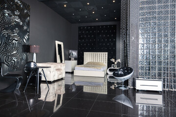 Modern dark luxury black interior with white chic furniture
