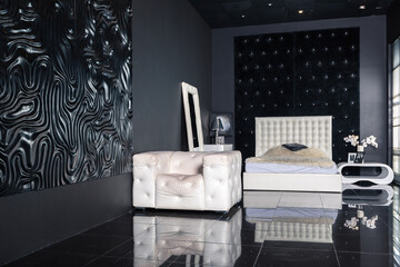 Modern dark luxury black interior with white chic furniture