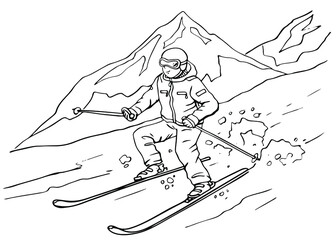 a skier descends from a mountain slope, winter, skiing, freehand contour drawing, coloring, illustration, isolated on a white background