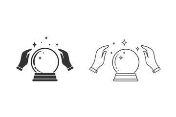 Crystal Ball Magic Line Icon Set With Hands. Vector Logo Template