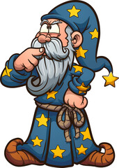 Cartoon wizard thinking hard with finger at his mouth. Vector clip art illustration. All on a single layer.
