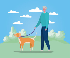 Senior man cartoon with dog walking at park design, Outdoor activity theme Vector illustration
