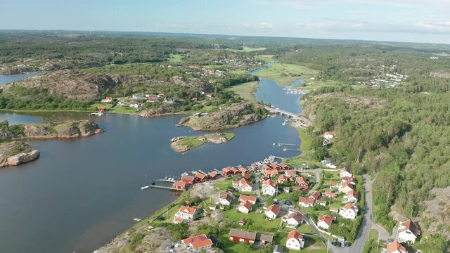 Aerial view of the swedish west coast with coastal fishing village, islands & archipelago
