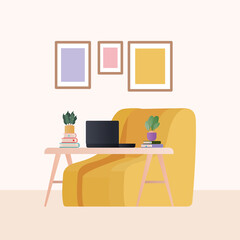 yellow armchair with laptop plants and frames in living room design, Home decoration interior living building apartment and residential theme Vector illustration