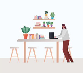 Woman with laptop working on table design of Work from home theme Vector illustration
