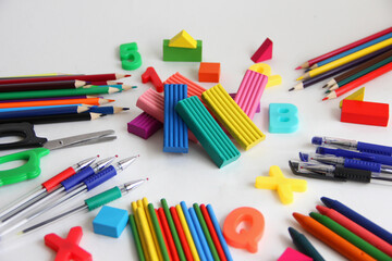 school supplies on white background
