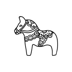 Swedish Dala horse vector illustration. Traditional Scandinavian Christmas wooden toy. Black and white simple drawing.