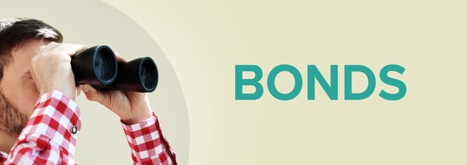 Bonds. Mann bei Beobachtung mit Fernglas (Panorama Format). Türkiser Text in deutsch auf...
