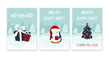 Merry Christmas and Happy New Year greeting card set with cute penguin, gifts, pine tree and hand drawn lettering