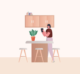 Woman with tablet working at kitchen design of Work from home theme Vector illustration