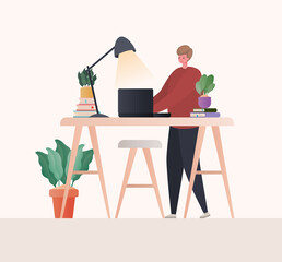 Man with laptop working on desk design of Work from home theme Vector illustration
