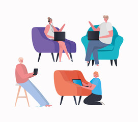 Fototapeta premium Set of women and men with laptop and tablet working on chair design of Work from home theme Vector illustration