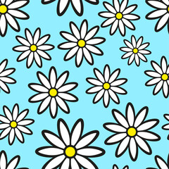 Beautiful white chamomile flowers isolated on a blue background. Cute floral seamless pattern. Vector flat linear graphic hand drawn illustration. Texture.