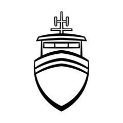 Ship icon. Front view. Black contour silhouette. Vector flat graphic linear hand drawn illustration. The isolated object on a white background. Isolate.