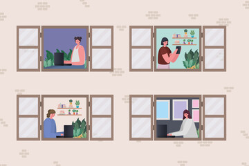 Set of women with laptop working at window design of Work from home theme Vector illustration