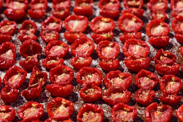Many red tomatoes are cut apart, next to each other to dry and with salt, on a wooden board in Sicily