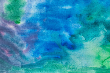 Fototapeta na wymiar Blue, green and purple watercolor painting with blobs of colors on canvas or paper. Image has blank copy space with room for text. Great for backgrounds, backdrops, banners, posters and textiles.