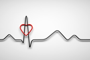 Simple concept illustration of healthy heart with heart beat ecg line and red heart shape on white background
