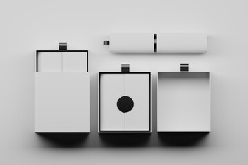 Collection of packaging boxes and packaging tube on white background