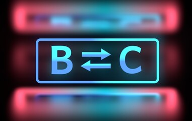 Illustration of business to client trading model with bold letters b and c on glowing blue pink neon background