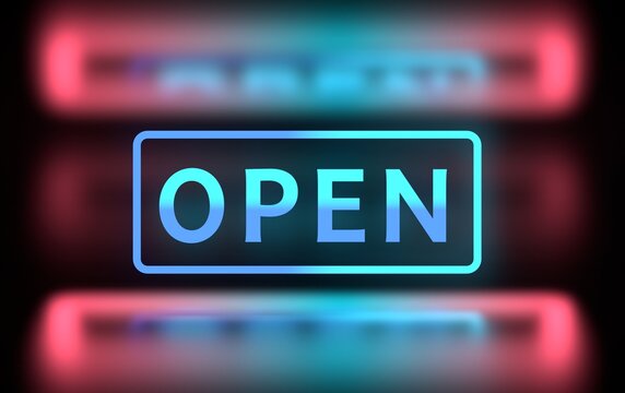 Word Open Written In Large Bold Neon Glowing Pink And Blue Letters Over Reflective Surface