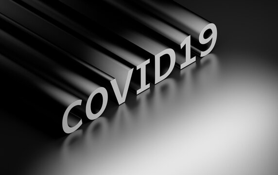 Medical scientific word - Covid 19 - written in bold black letters on dark glossy background