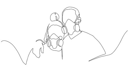 Continuous one line drawing of love in quarantine. Couple hugs in protective medical masks vector illustration. Air pollution concept couple wearing protective face mask against smoke clip art