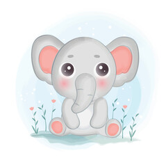 Cute Elephant sitting on the garden in water color style.