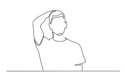 Businessman is suffering from headache, migraine, fever. Person holds his head, forehead with hand. Hand drawn vector illustration. Man in a shirt with a hand behind his head