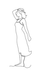 Silhouette of a woman in a dress one line drawing on white isolated background. Vector illustration. continuous line drawing of happy woman posing in dress